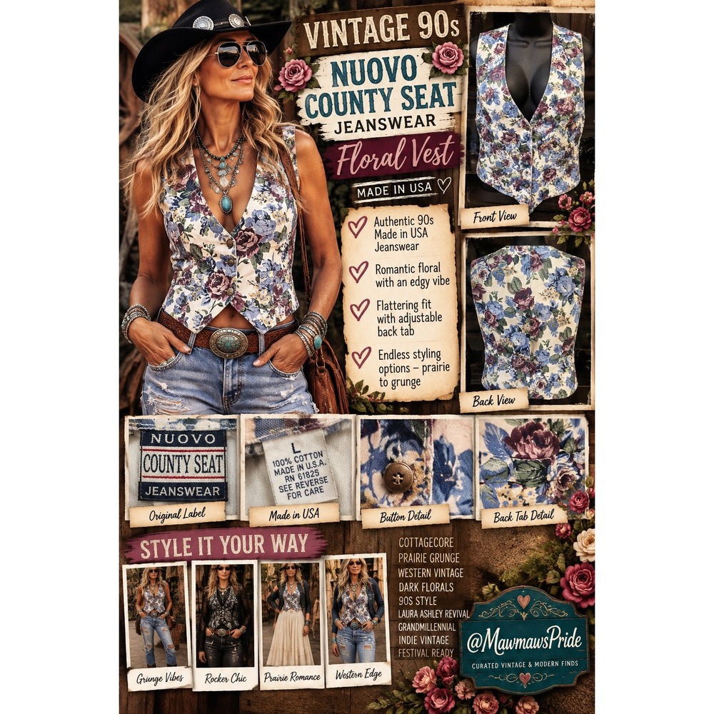 Vintage 90s Nuovo County Seat Floral Vest L Made USA Grunge Prairie Roses